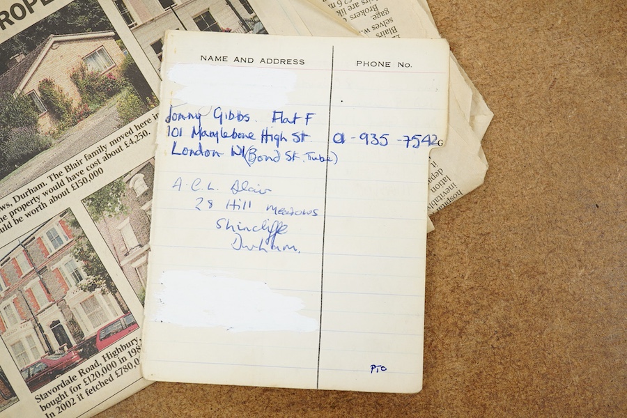 A page from an address book with a hand written entry by Sir Tony Blair, reading; ‘A.C.L. Blair, 28 Hill Meadows, Shincliffe, Durham’, together with a newspaper cutting about the childhood home of the ex-Prime Minister,